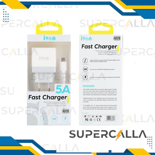 iVON Fast Charger 5A Super Charging USB Type-C VOOC Flash Kepala/Batok Charger HP for Huawei/Honor OPPO Advance SAMSUNG